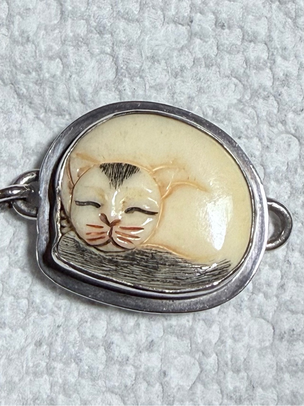 Vintage Tabra Bone Carved Cat Charm & Tabra Silver 925 Connector Bracelet Chain - Picture 2 of 11